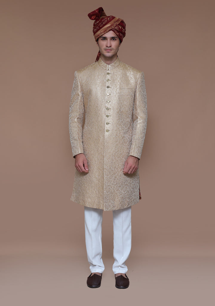 Premium Zari Karandi Jamawar Almond Buff Couture Sherwani