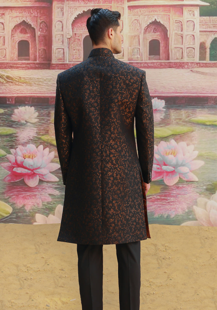 Premium Zari Karandi Jamawar Copper Black Couture Sherwani