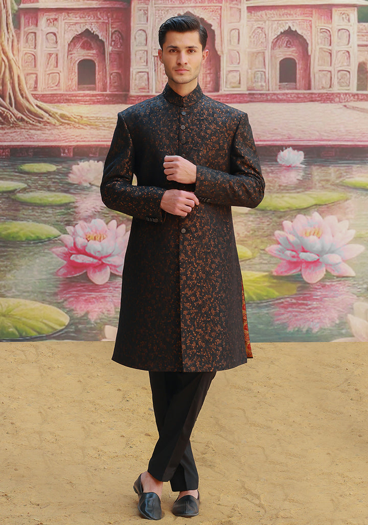 Premium Zari Karandi Jamawar Copper Black Couture Sherwani