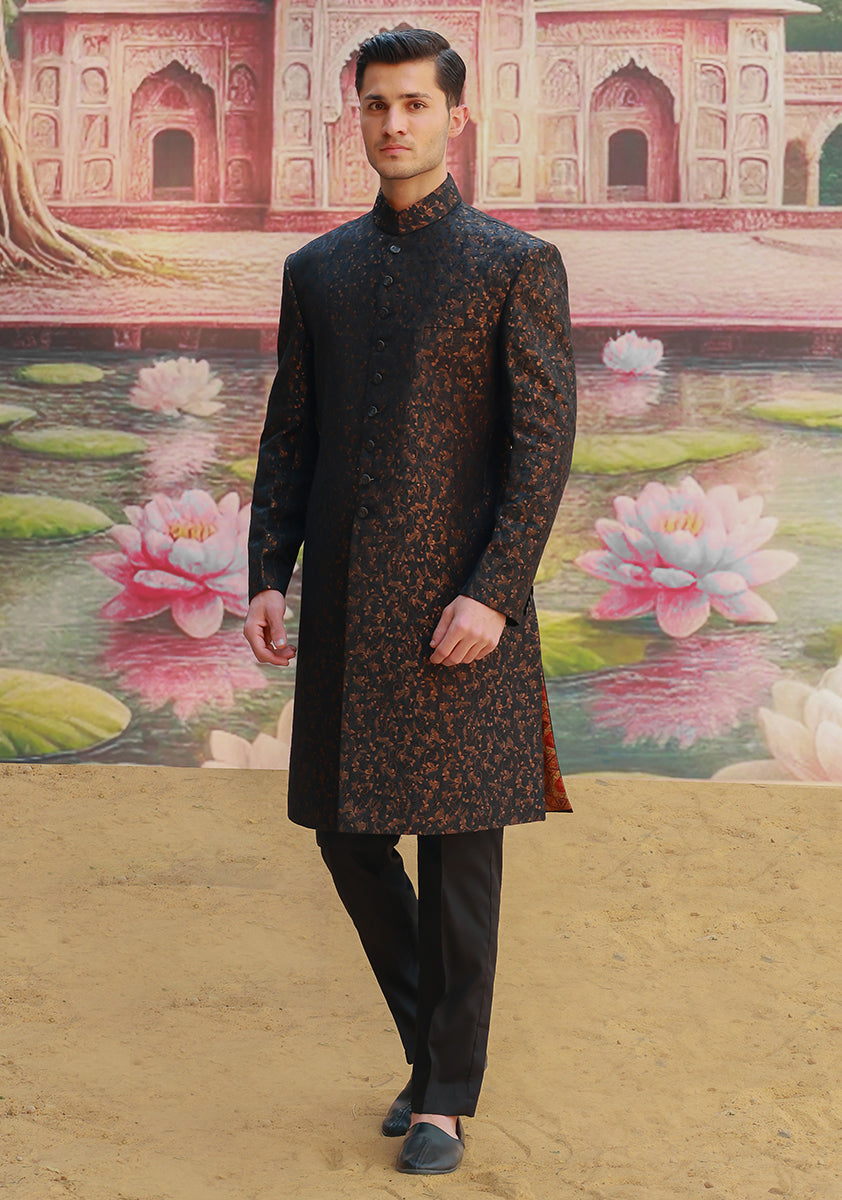 Premium Zari Karandi Jamawar Copper Black Couture Sherwani