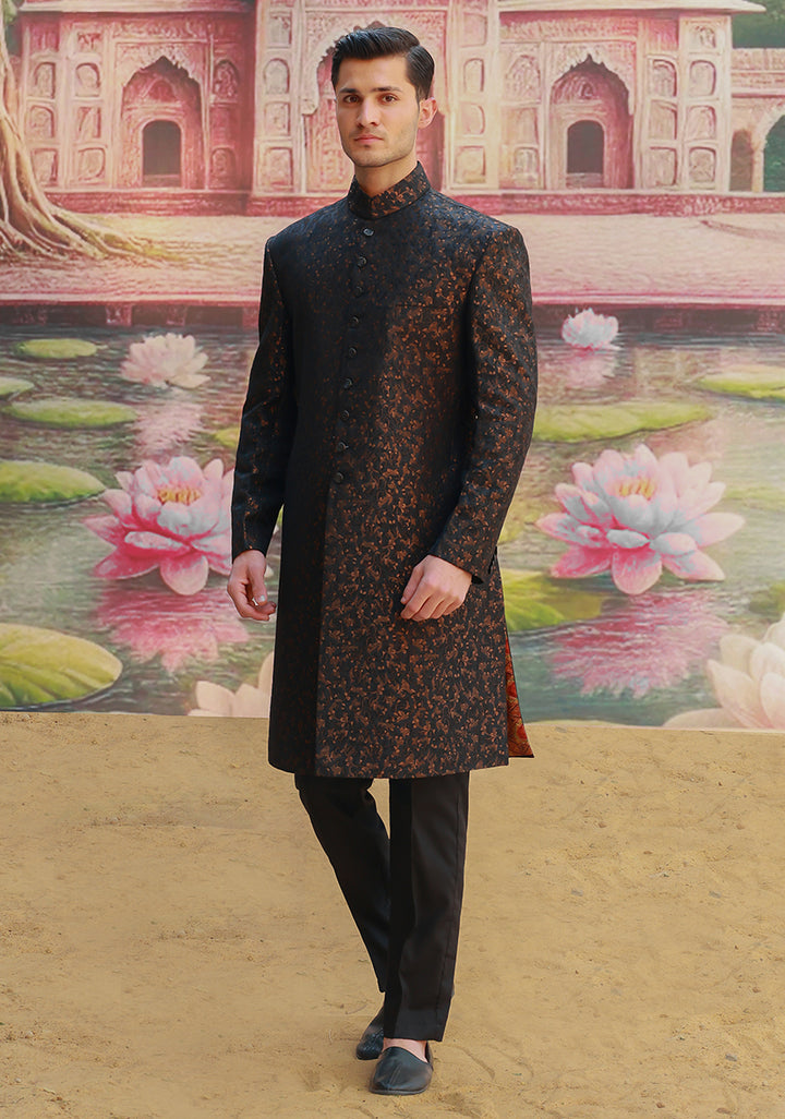 Premium Zari Karandi Jamawar Copper Black Couture Sherwani