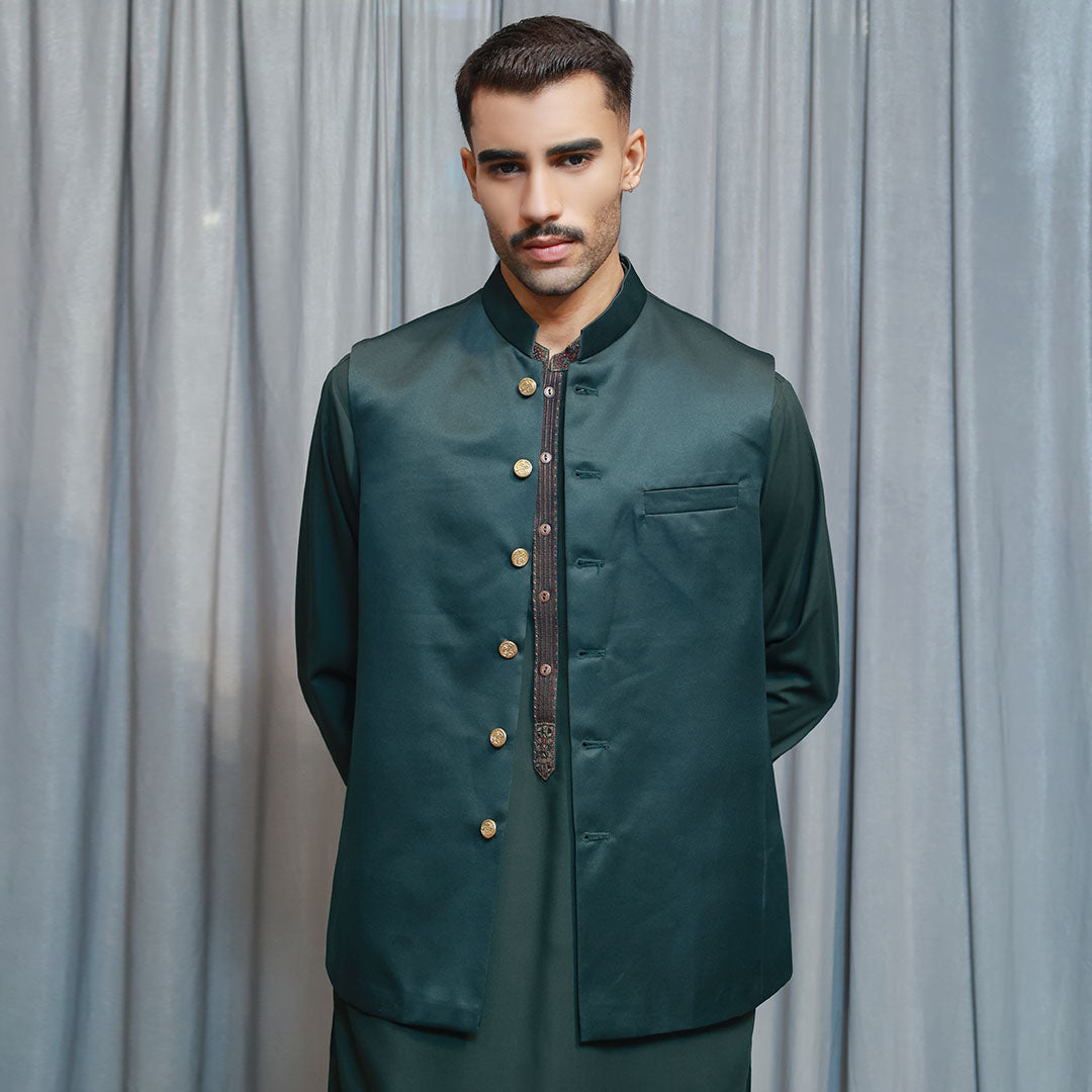 Raw Silk Deep Forest Traditional Waistcoat
