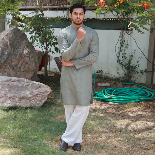 Sage Green Schiffli Cotton Emb Slim Fit Kurta