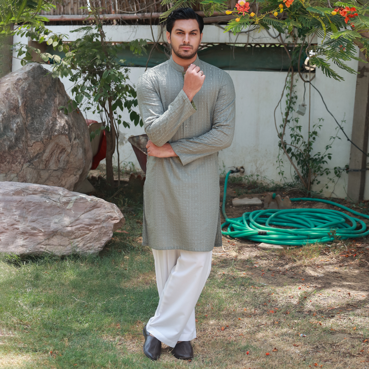 Sage Green Schiffli Cotton Emb Slim Fit Kurta