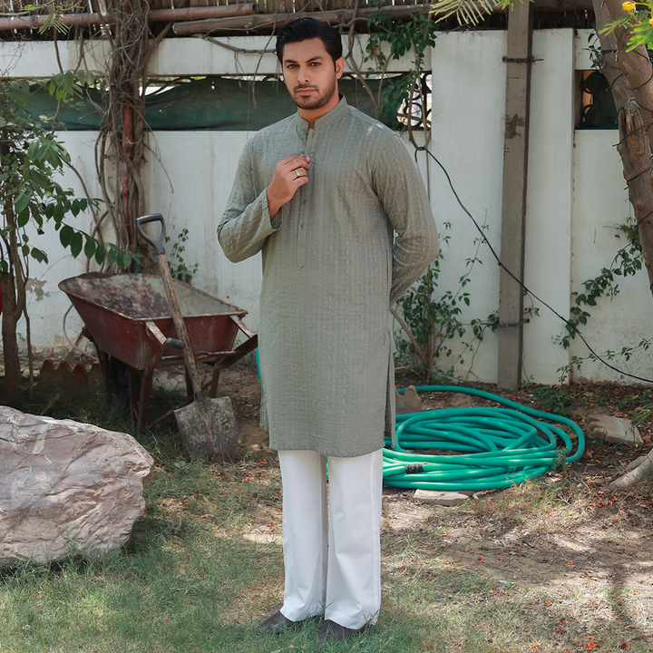 Sage Green Schiffli Cotton Emb Slim Fit Kurta