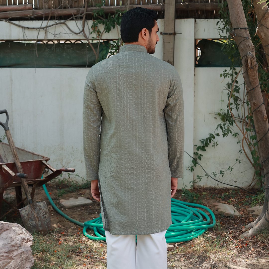 Sage Green Schiffli Cotton Emb Slim Fit Kurta