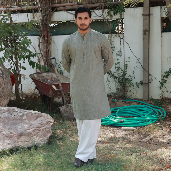 Sage Green Schiffli Cotton Emb Slim Fit Kurta