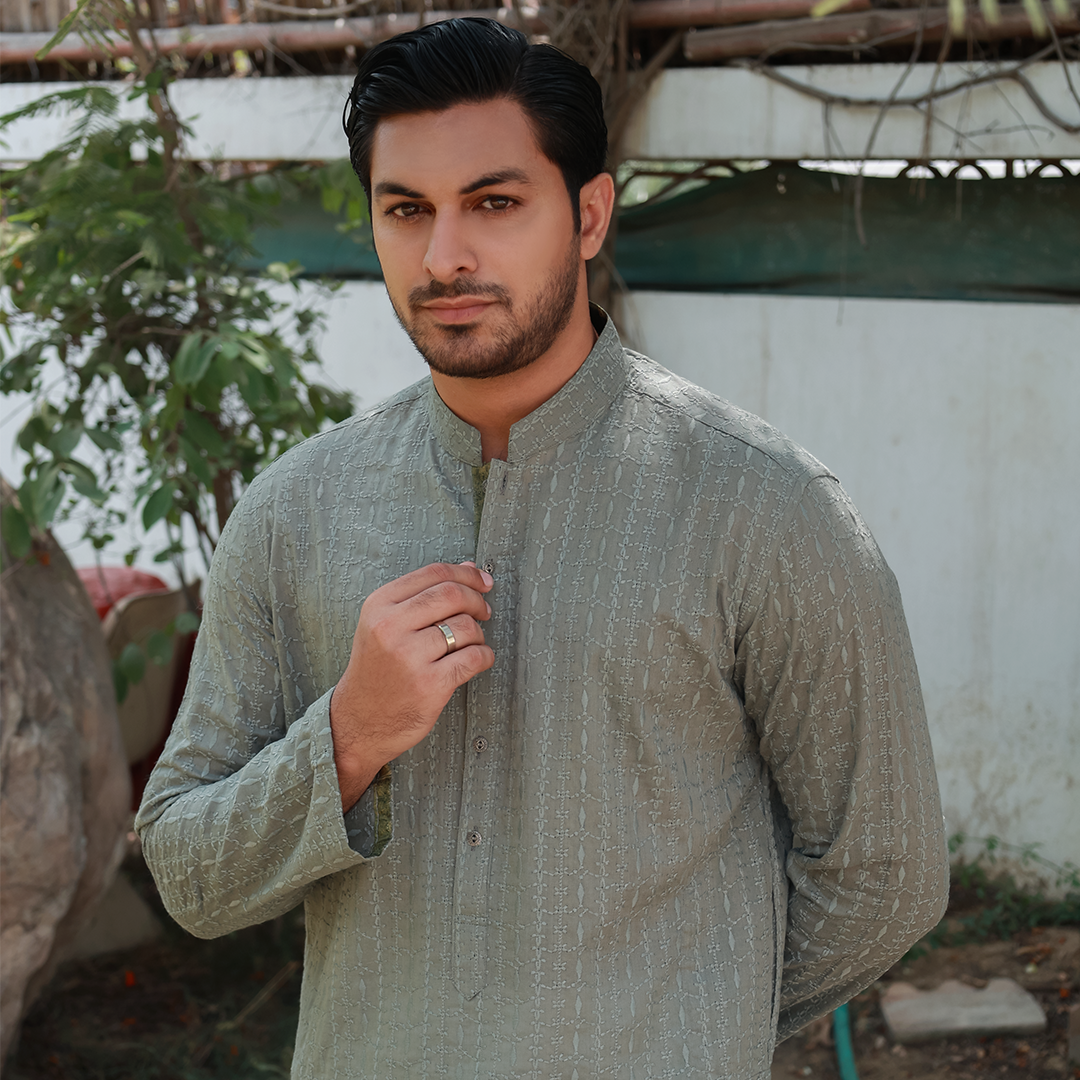 Sage Green Schiffli Cotton Emb Slim Fit Kurta