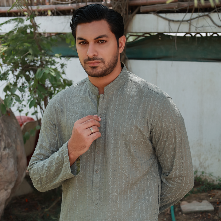 Sage Green Schiffli Cotton Emb Slim Fit Kurta