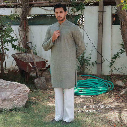 Sage Green Schiffli Cotton Slim Fit Kurta