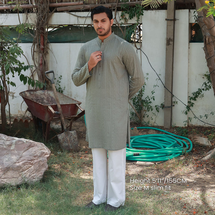 Sage Green Schiffli Cotton Slim Fit Kurta