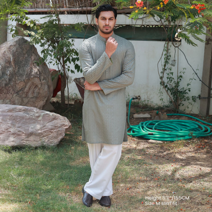 Sage Green Schiffli Cotton Slim Fit Kurta