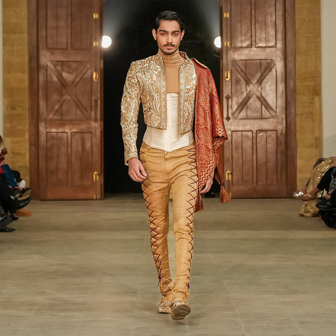 Short Body Embroidered Gold Jamawar Jacket