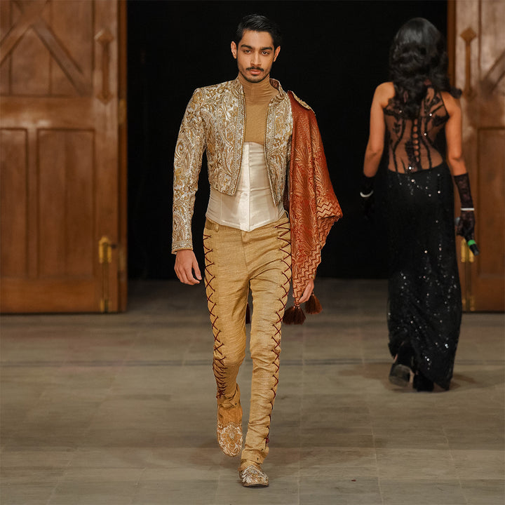 Short Body Embroidered Gold Jamawar Jacket