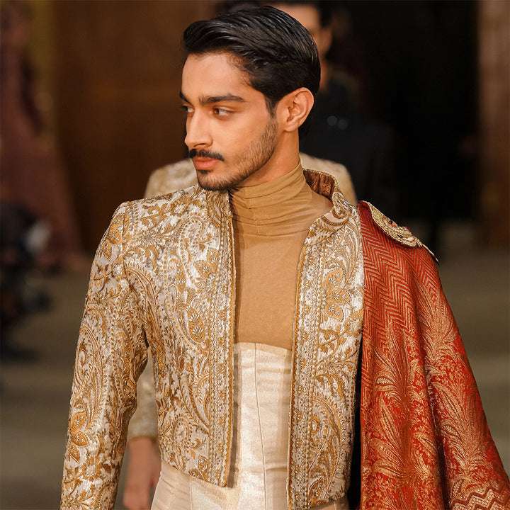 Short Body Embroidered Gold Jamawar Jacket