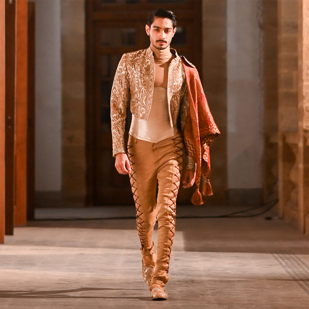 Short Body Embroidered Gold Jamawar Jacket