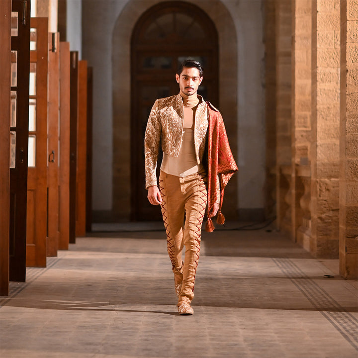 Short Body Embroidered Gold Jamawar Jacket