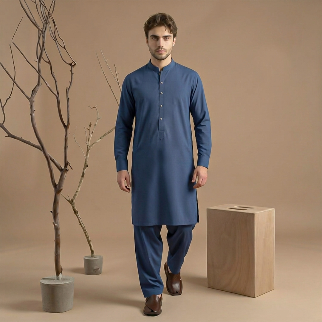 Classic Fit Band Collar Plain Kameez Shalwar