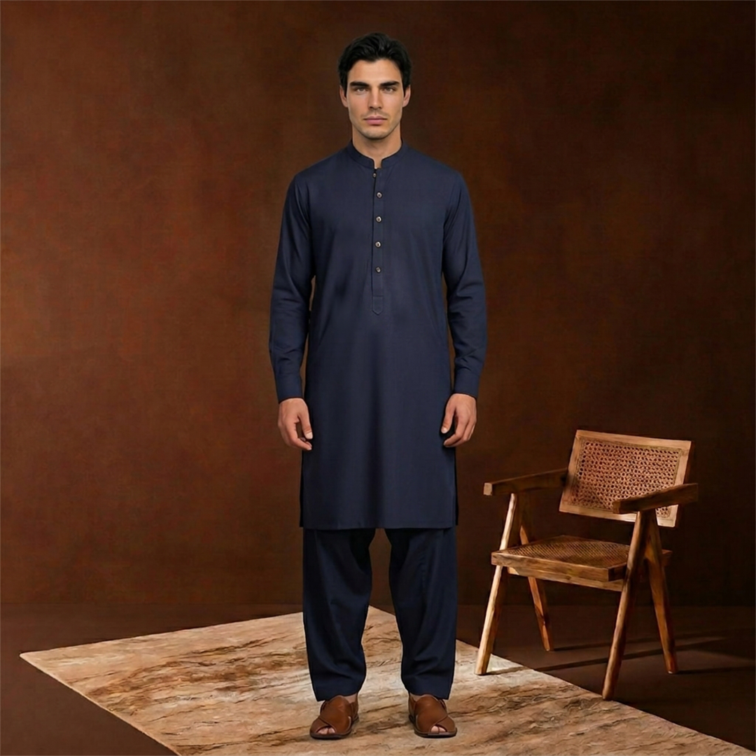 Slim Fit Band Collar Plain Kameez Shalwar