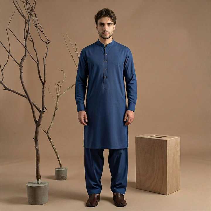 Classic Fit Band Collar Plain Kameez Shalwar
