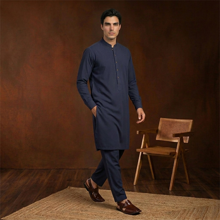Slim Fit Band Collar Plain Kameez Shalwar