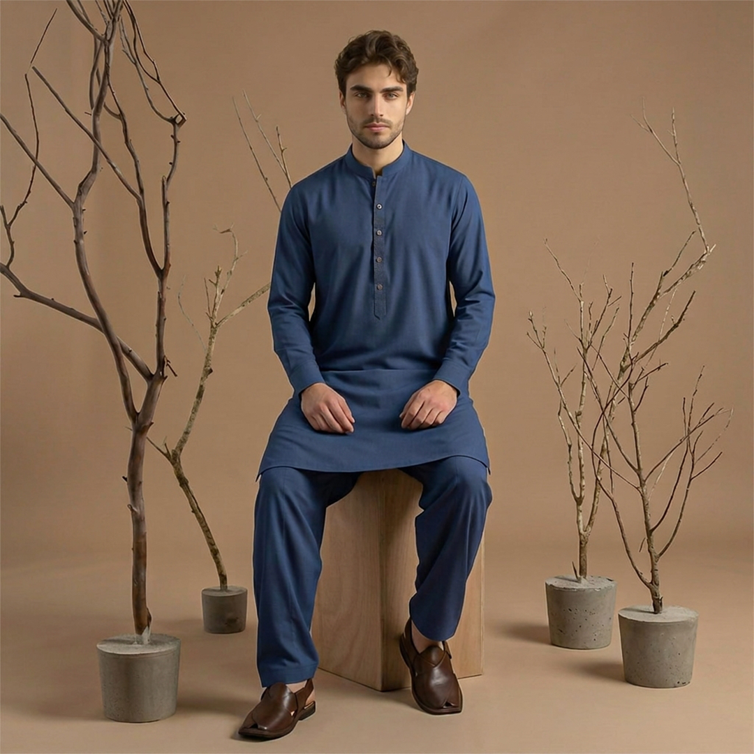 Classic Fit Band Collar Plain Kameez Shalwar