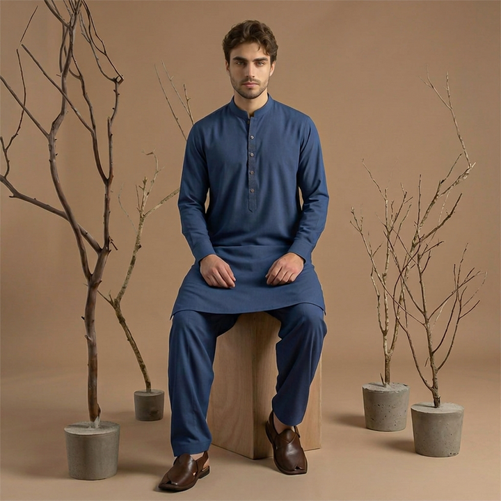 Classic Fit Band Collar Plain Kameez Shalwar