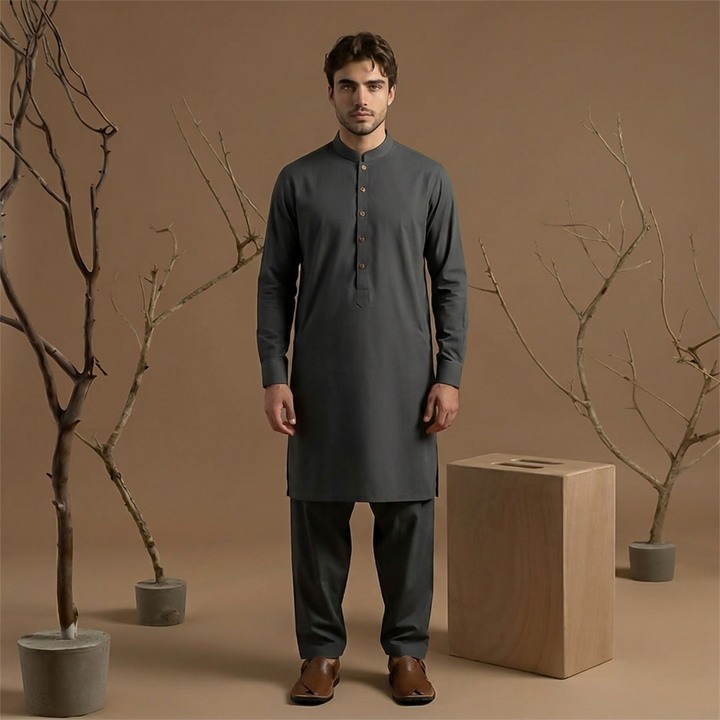 Slim Fit Band Collar Plain Kameez Shalwar