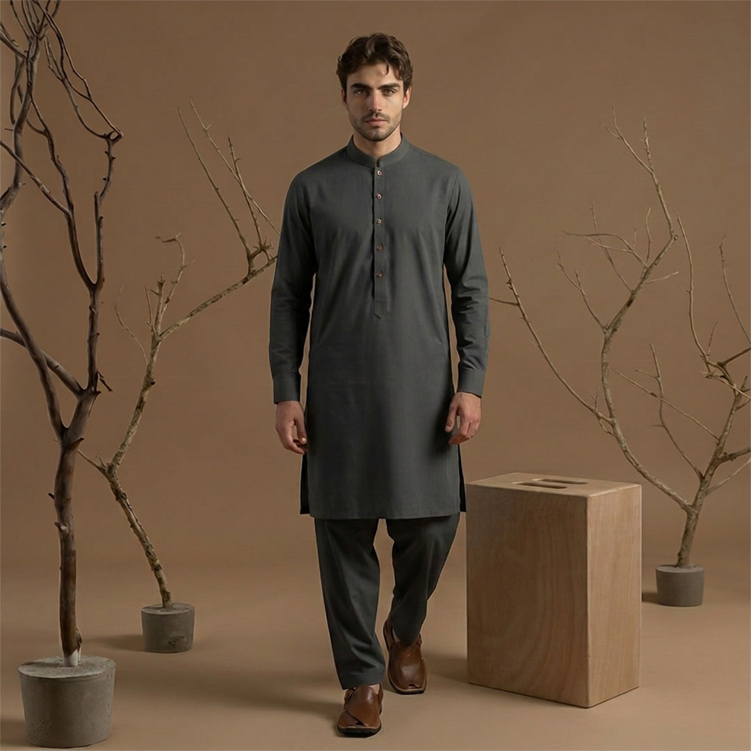 Slim Fit Band Collar Plain Kameez Shalwar