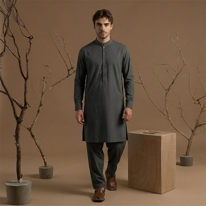 Slim Fit Band Collar Plain Kameez Shalwar
