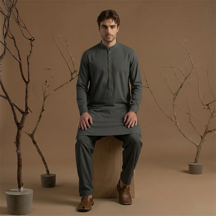 Slim Fit Band Collar Plain Kameez Shalwar
