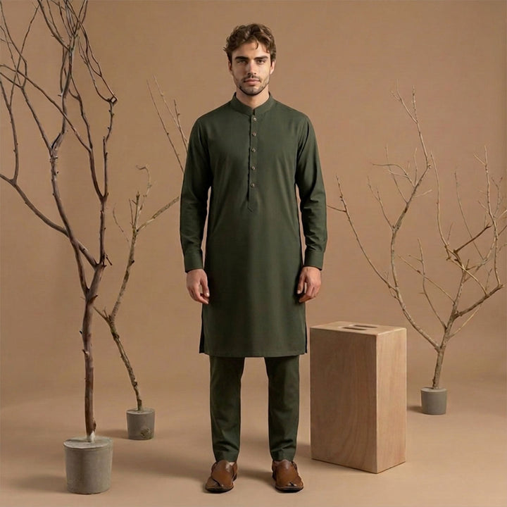 Slim Fit Band Collar Plain Kurta Pajama