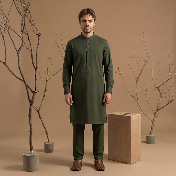 Slim Fit Band Collar Plain Kurta Pajama