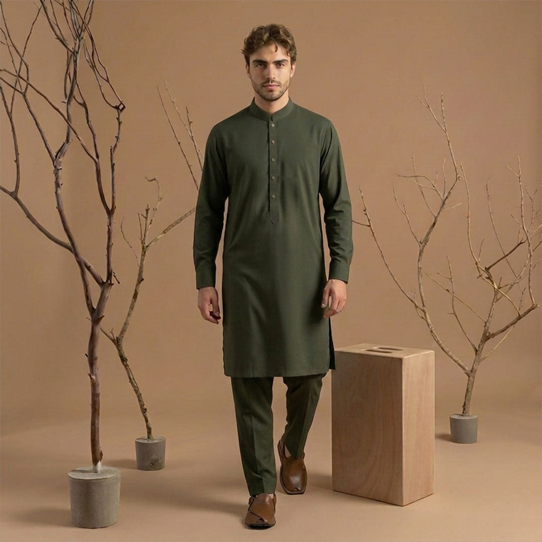 Slim Fit Band Collar Plain Kurta Pajama