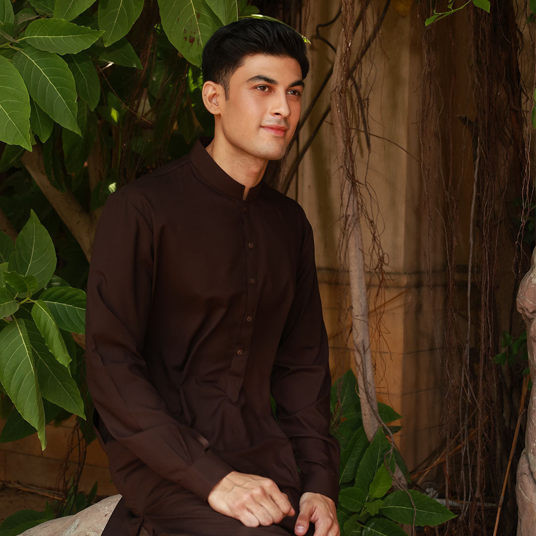 Slim Fit Band Collar Plain Suit