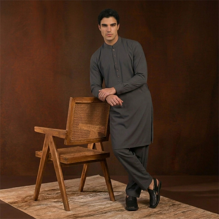 Slim Fit Band Collar Plain Kameez Shalwar
