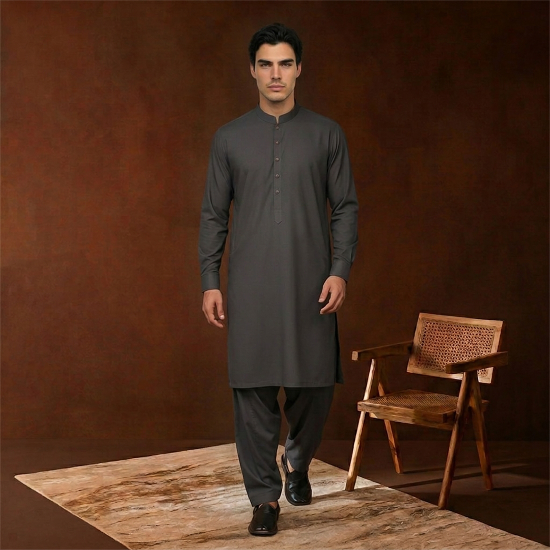 Slim Fit Band Collar Plain Kameez Shalwar