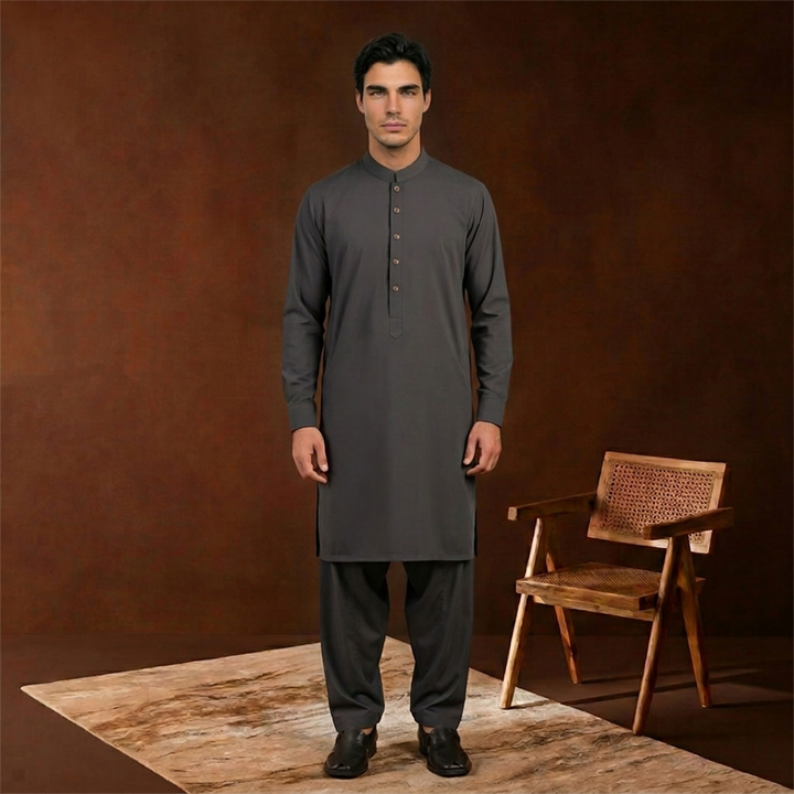 Slim Fit Band Collar Plain Kameez Shalwar