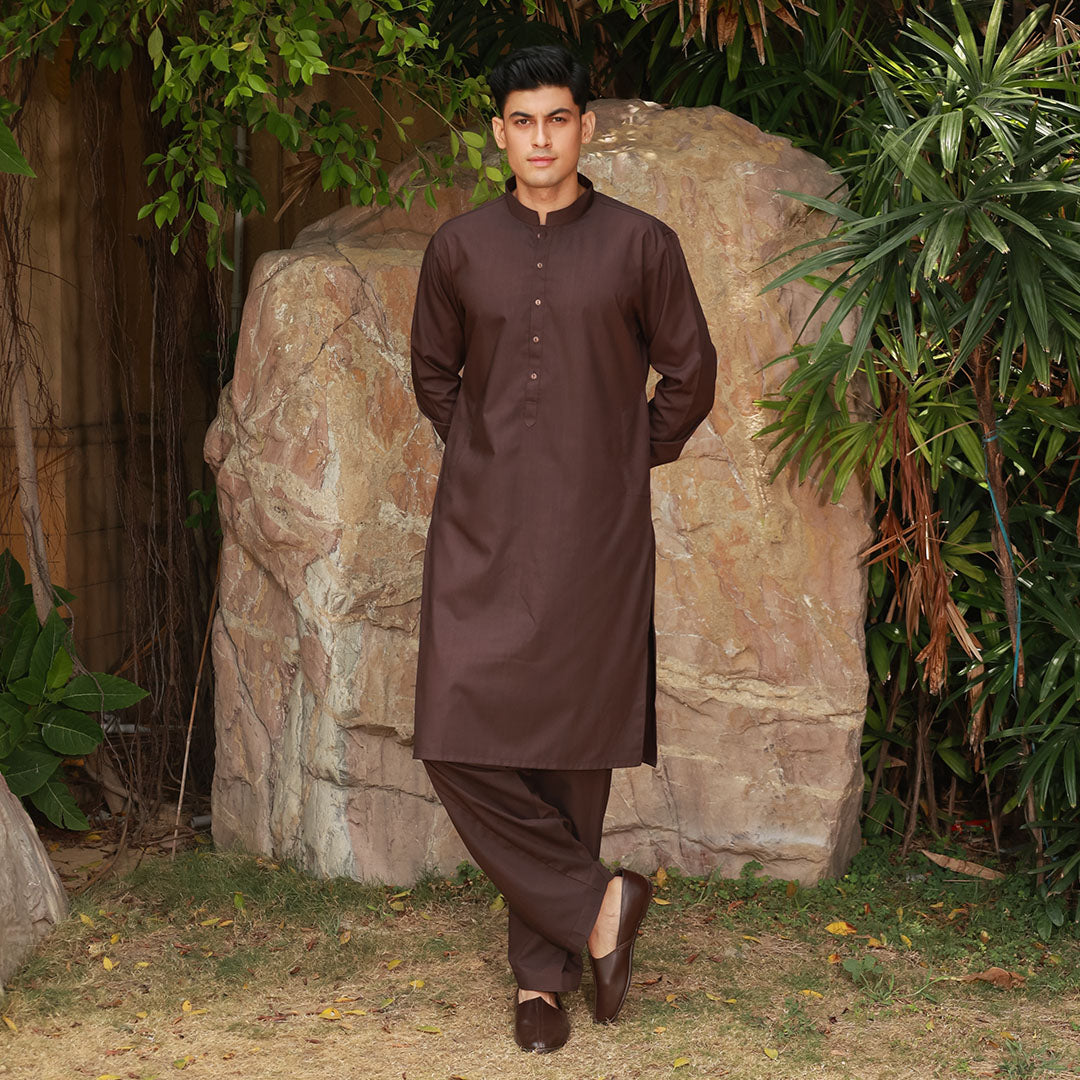 Slim Fit Band Collar Plain Suit