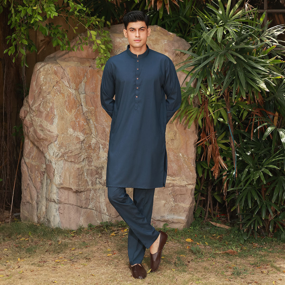 Slim Fit Band Collar Plain Suit