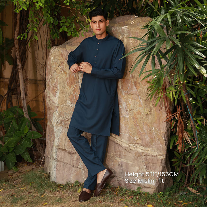 Slim Fit Band Collar Plain Suit
