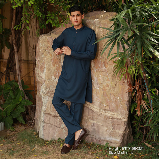 Slim Fit Band Collar Plain Kurta Pajama