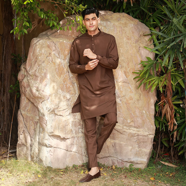 Slim Fit Band Collar Plain Suit