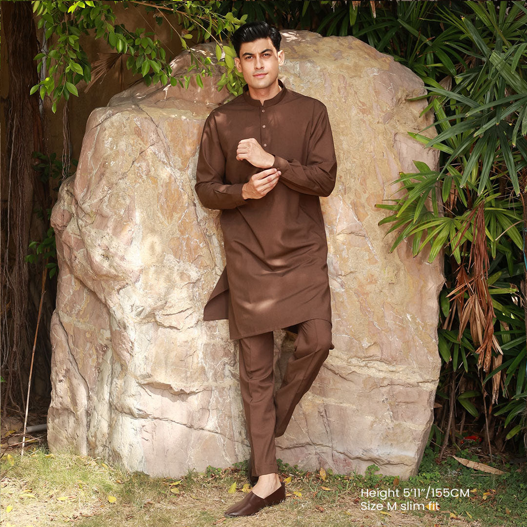 Slim Fit Band Collar Plain Suit