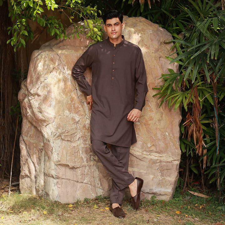 Slim Fit Band Collar Plain Suit