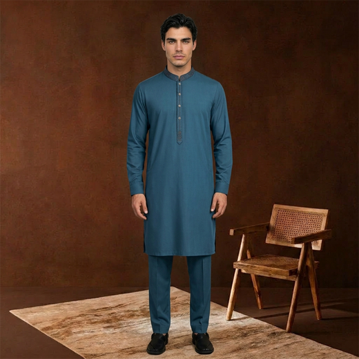 Slim Fit Emb Band Collar Kurta Pajama