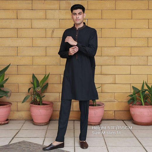 Slim Fit Emb Band Collar Suit