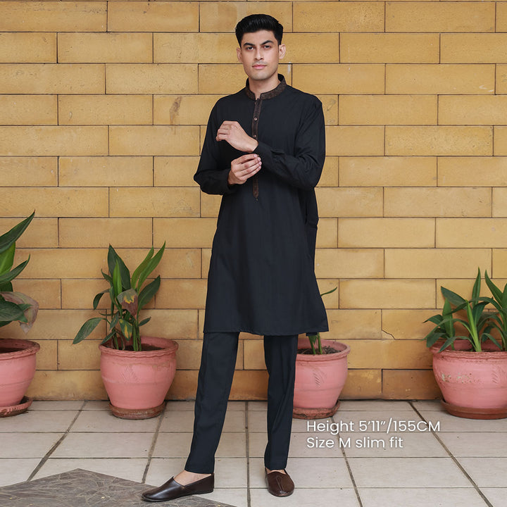 Slim Fit Emb Band Collar Suit