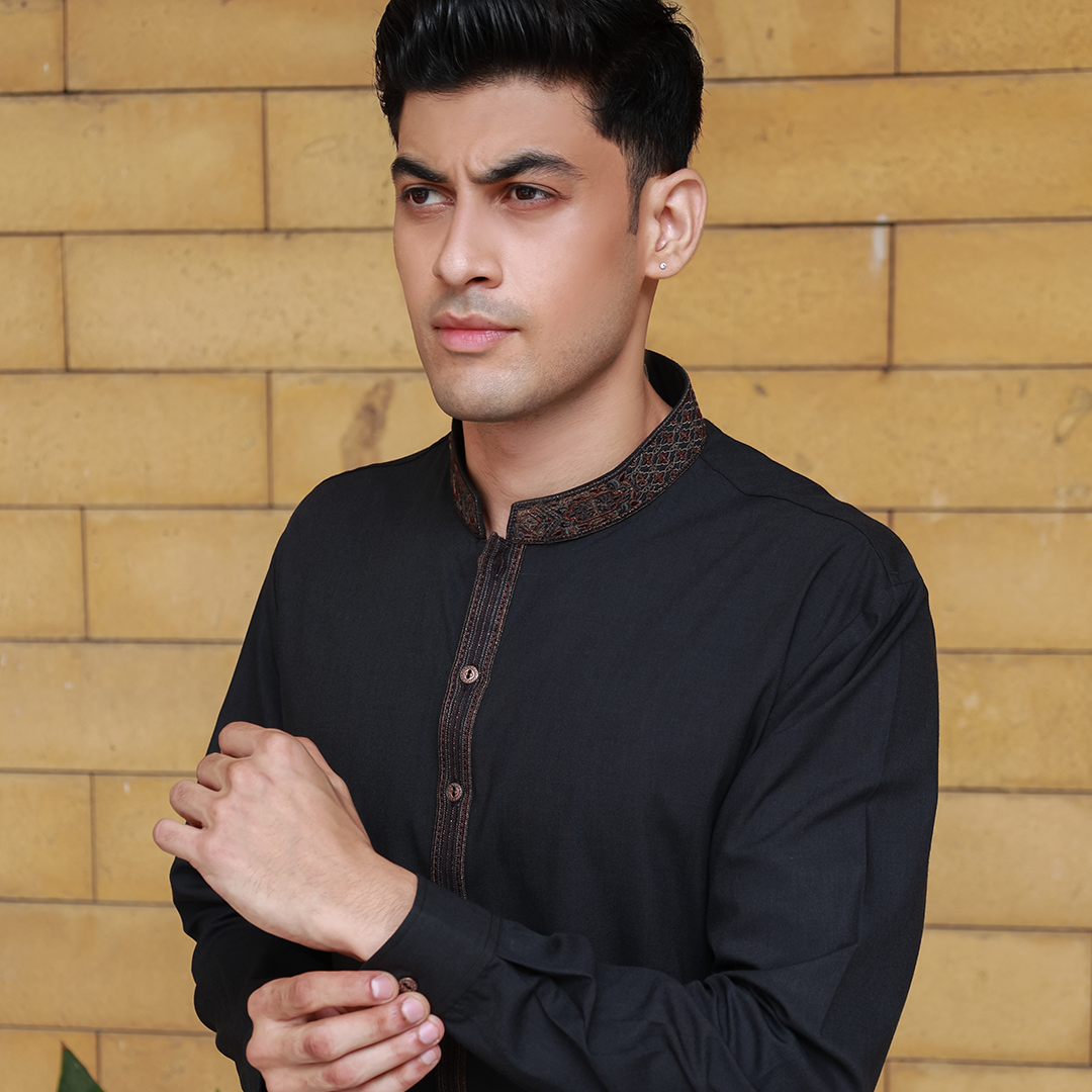 Slim Fit Emb Band Collar Suit
