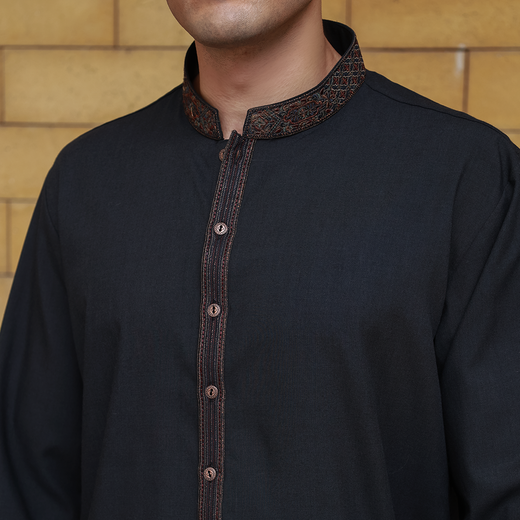 Slim Fit Emb Band Collar Suit